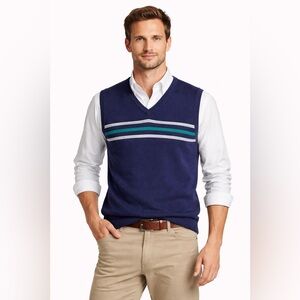 282 Vintage Christian Dior Actif Sweater Vest L Blue Striped V-Neck 100% Cotton